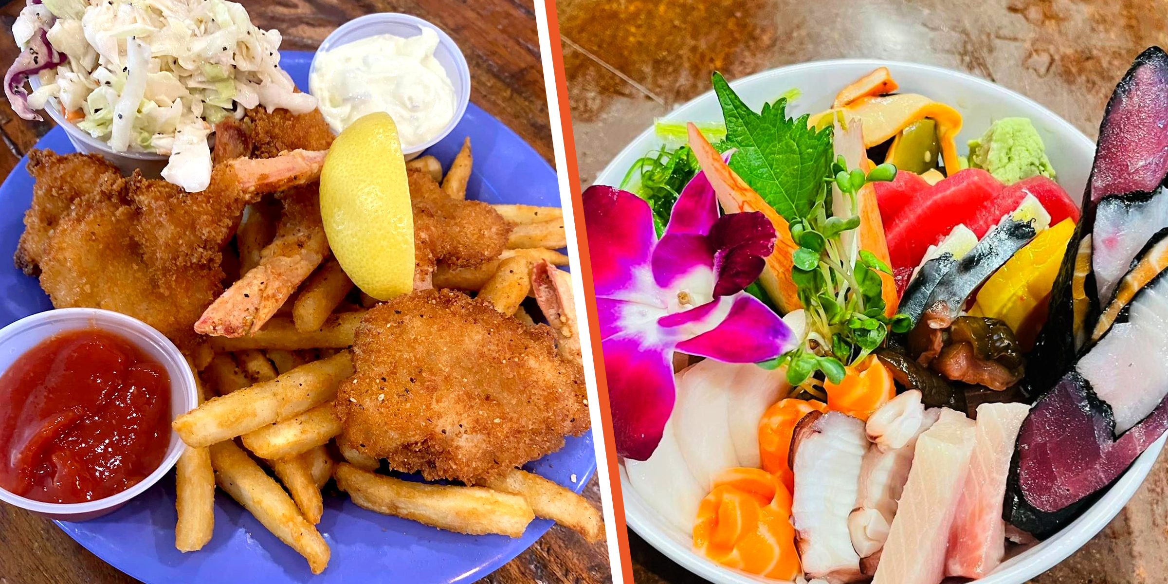 5-piece fried shrimp with fries and coleslaw | Chirashi Bowl | Source: Facebook/FINSportaransas | Instagram/_bluewatercowboy_
